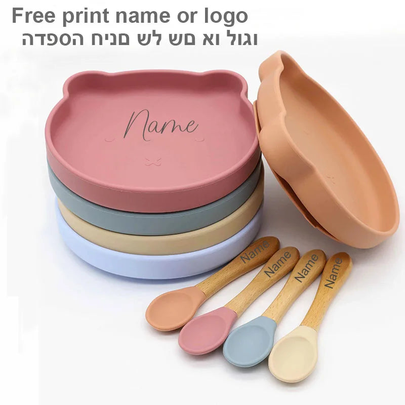 Baby Feeding Plate Personalized Name Silicone Tableware For Kids Bear Dinner Plate Spoon Suction Bowl Cartoon Children's Plates