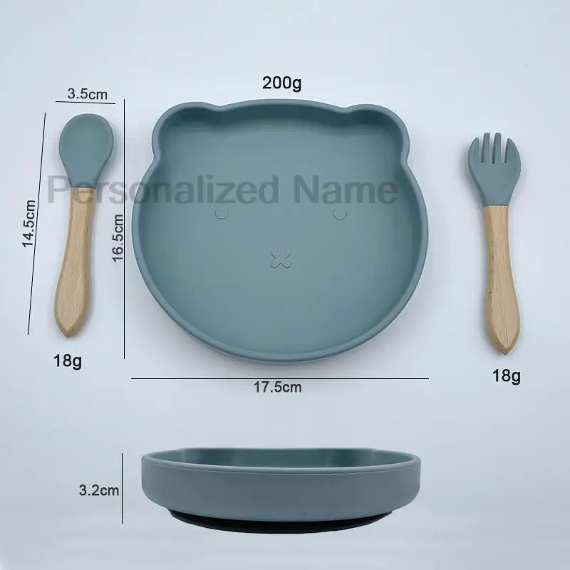 Baby Feeding Plate Personalized Name Silicone Tableware For Kids Bear Dinner Plate Spoon Suction Bowl Cartoon Children's Plates
