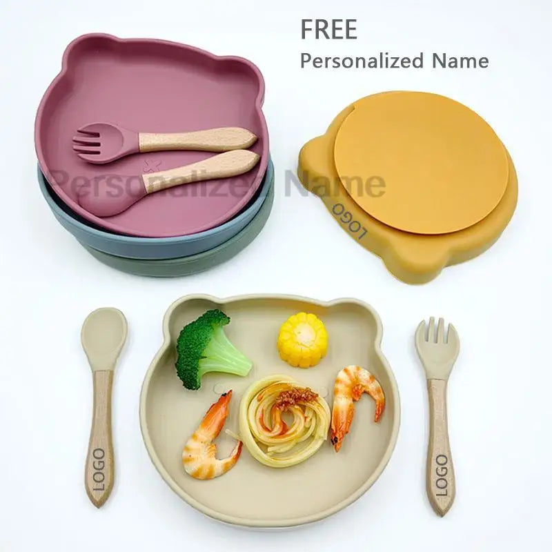 Baby Feeding Plate Personalized Name Silicone Tableware For Kids Bear Dinner Plate Spoon Suction Bowl Cartoon Children's Plates