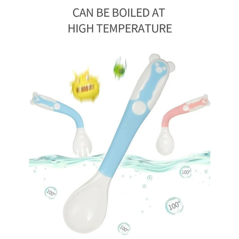 2 PC Spoon+Forks Candy Color Baby Spoon Fork Set Solid Training Feeding Safe Pacifier Bending Learning Flatware Utensils Feeding