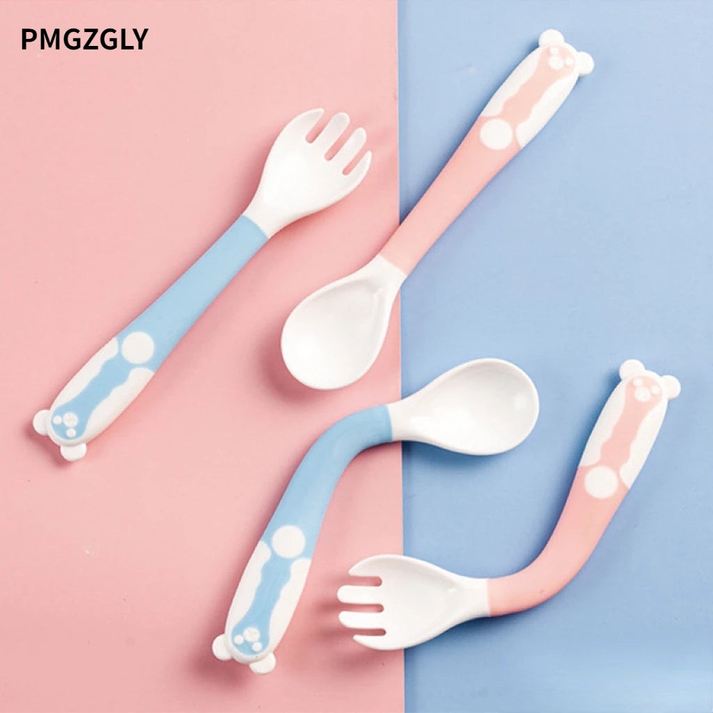 2 PC Spoon+Forks Candy Color Baby Spoon Fork Set Solid Training Feeding Safe Pacifier Bending Learning Flatware Utensils Feeding