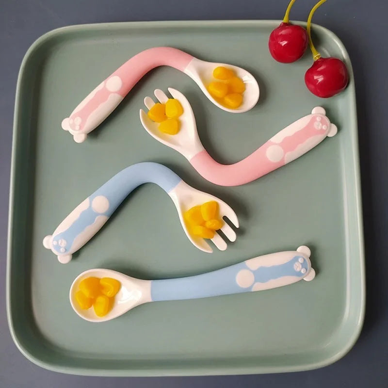 2 PC Spoon+Forks Candy Color Baby Spoon Fork Set Solid Training Feeding Safe Pacifier Bending Learning Flatware Utensils Feeding