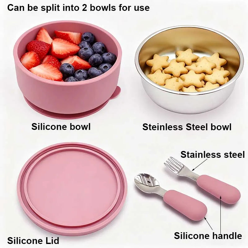 Silicone Baby Feeding Bowl With Lid Spoon Fork 316 Stainless Steel Bowl Personalized Name Children's Tableware Snack Fruit Bowl