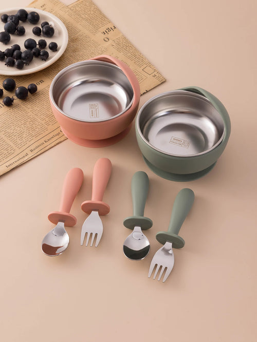 3PCS Baby Feeding Stainless Steel Bowl Fork Spoon Set Detachable Design Silicone Weaning Tableware BPA Free Training Utensils